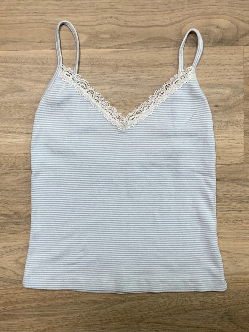 Brandy Melville White and Light Blue Striped Lace-Trim Cami Tank